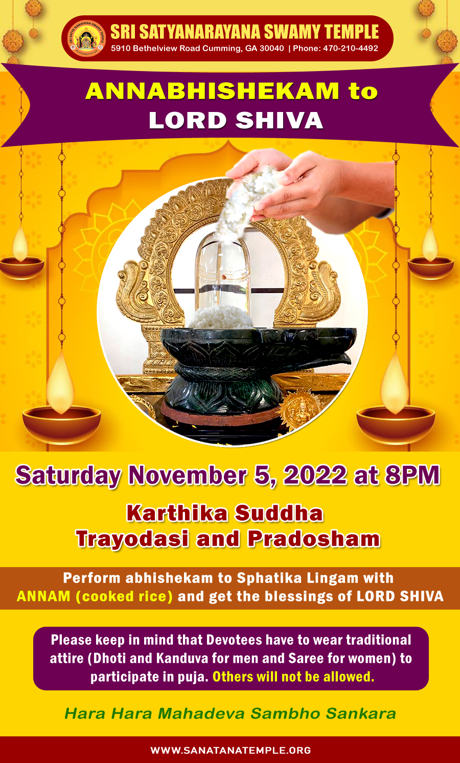Annabhishekam to  Lord Shiva on Saturday Nov. 5th at 8PM